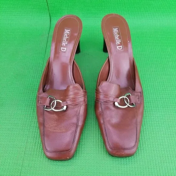 ✅Womens 7.5M Michelle D Brown Leather 3" Heeled Mules Slides D-Ring Strap Accent - Picture 5 of 13